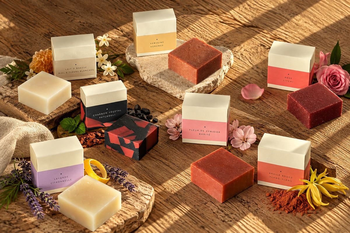 Coffret La petite attention ouvert : savon et sac à savon en coton