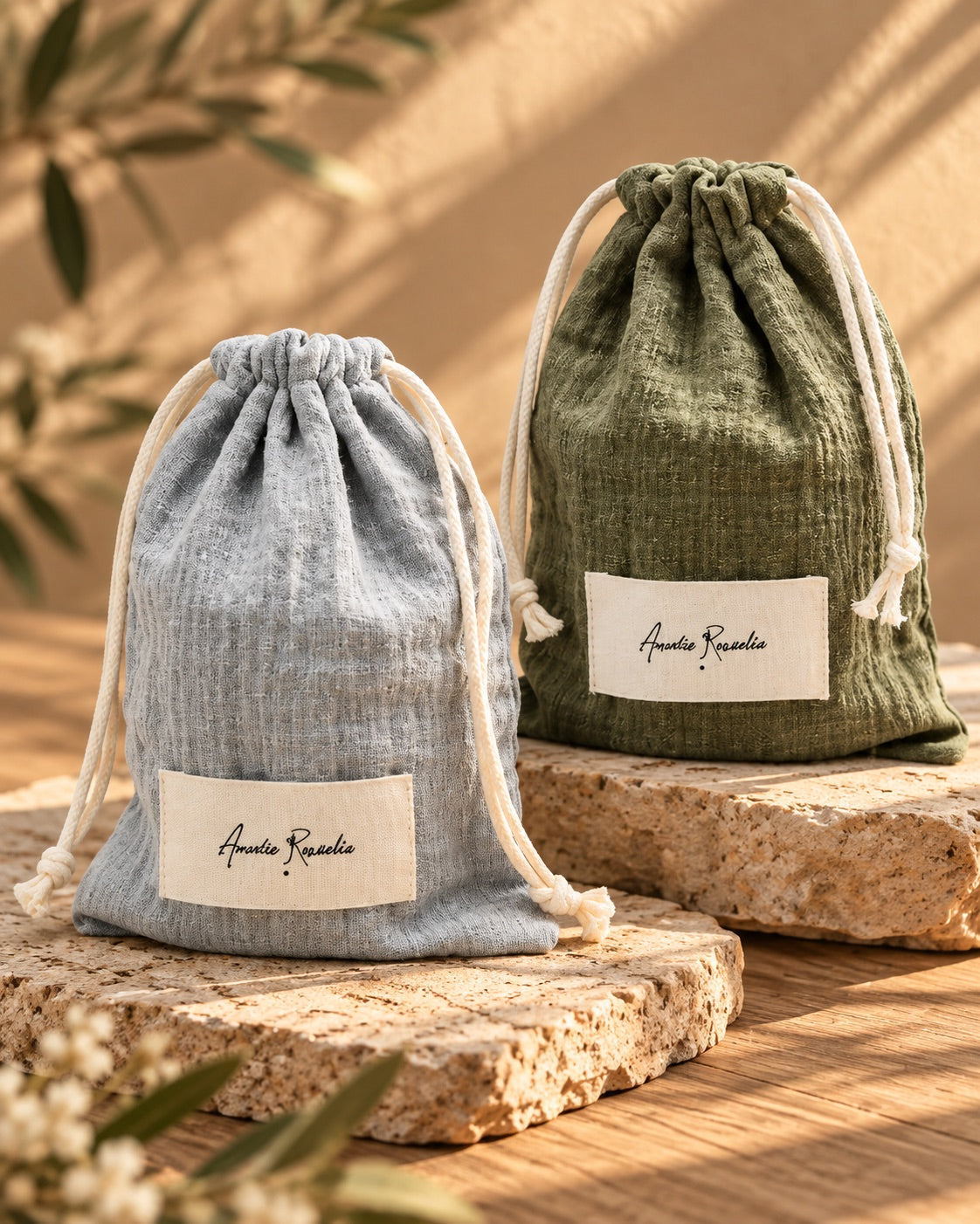 Les sacs à savon en coton, gris et vert